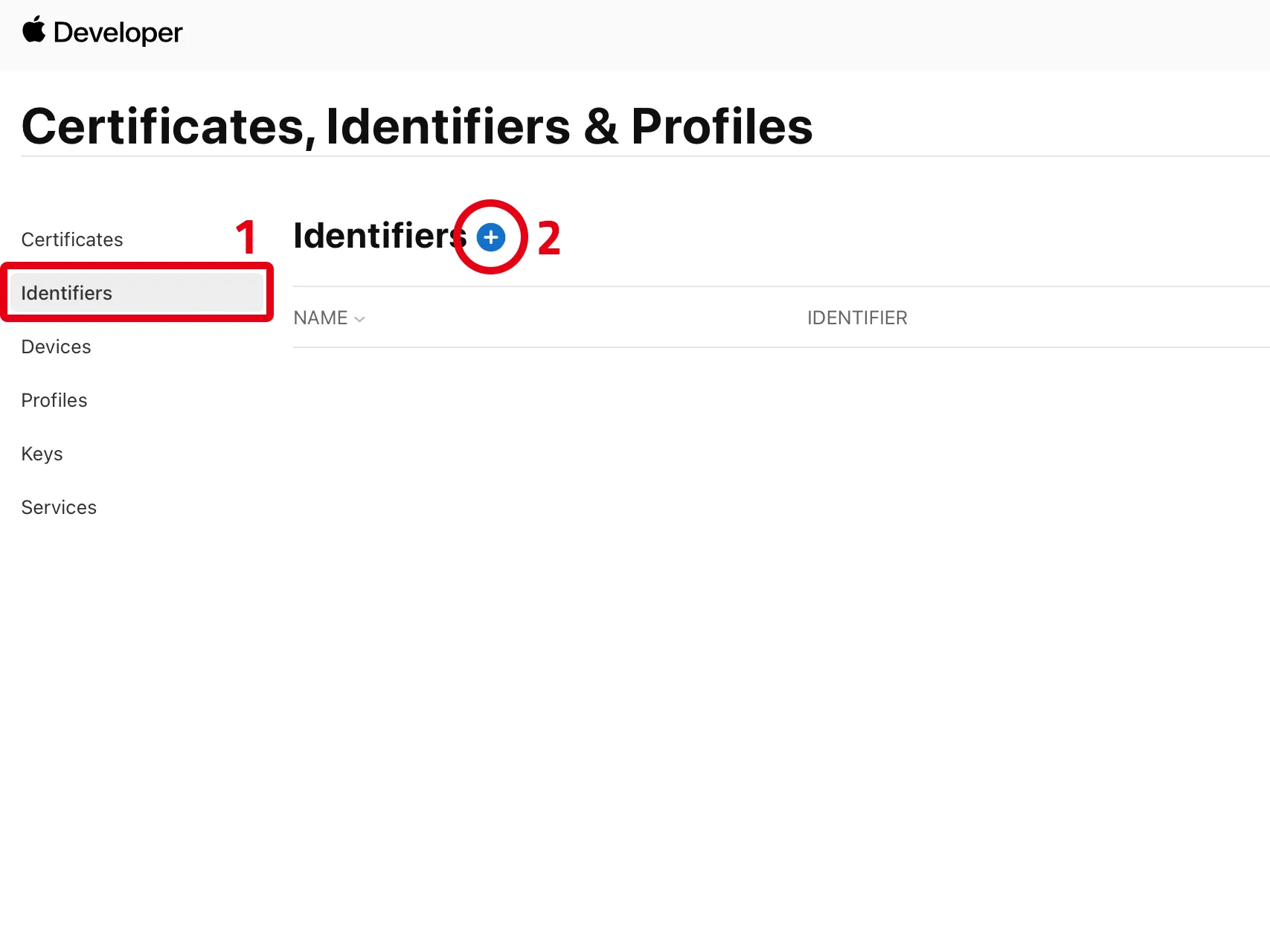 'Certificates, Identifiers & Profiles' 페이지 스크린샷입니다. 왼쪽 사이드바에서 'Identifiers'가 선택되어 있으며, 화면 중앙에는 'Identifiers' 섹션이 보입니다. 새로운 식별자를 추가하기 위해 오른쪽 상단의 파란색 더하기(+) 버튼이 강조되어 있습니다.